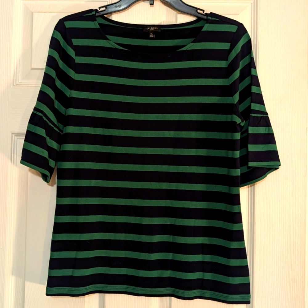 NWOT Talbot's Green and Navy Blue Striped Shirt Size MP